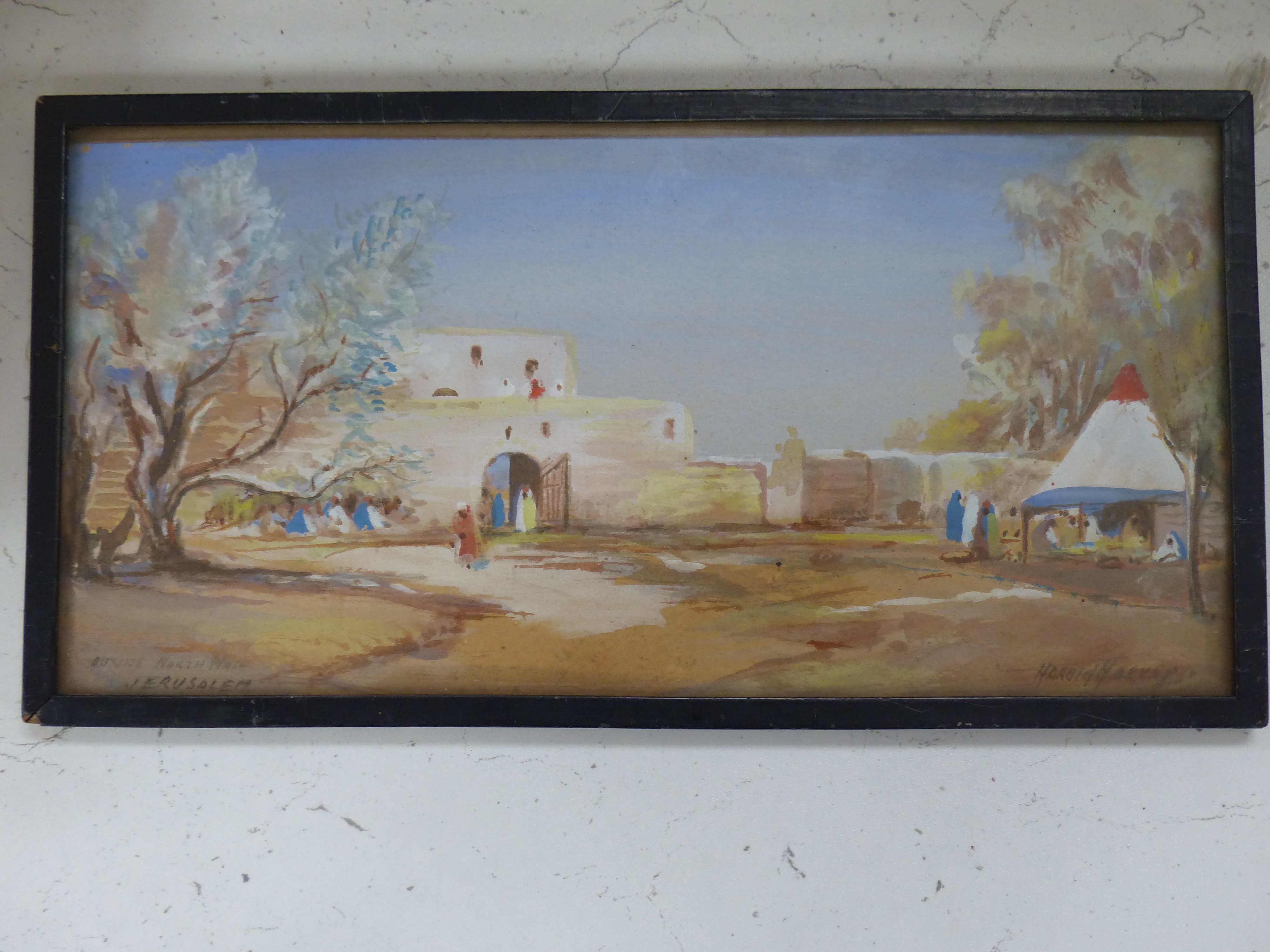 Harold Harvey, watercolour, Outside North Wall, Jerusalem, signed, 14.5 x 29.5cm